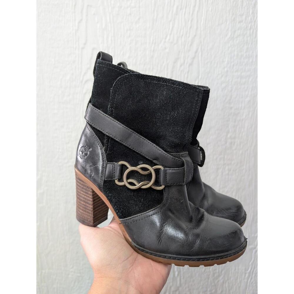 Timberland Dennett Black Suede & Leather Buckle Strap Heeled Moto Boots Size 6.5